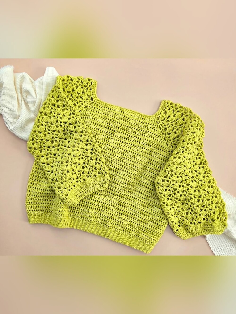 Crochet Balloon Sleeve Sweater - Lime Green, Handmade